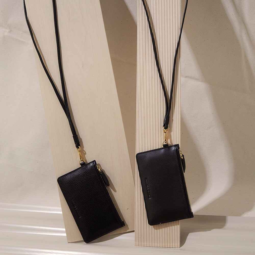 Slim Zippy Wallet Lanyard Necklace - N.128 - Black Smooth Nappa